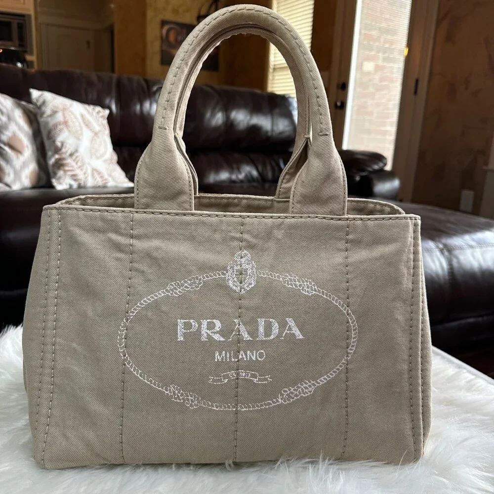 ❌SOLD❌Authentic Prada Canapa Logo/ Enamel Metal Triangle Denim Tote Bag - Picture 3 of 14